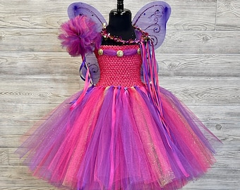Fuchsia Purple Gold Fairy Princess Birthday Costume w/Crown Wand Fairy Wings - Full 3 Layer Tulle Tutu Skirt
