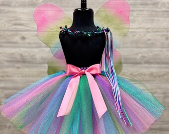 Strahlendes Regenbogen Tutu Set - Mädchen Tüllrock, Schleifenkrone, Feenflügel