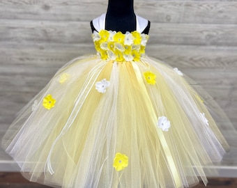 Yellow and White Flower Girl Dress - Floral Bodice Tutu Dress for Girls -  Tulle Flower Girl Dress for Toddlers - Wedding Tutu - Sunshine