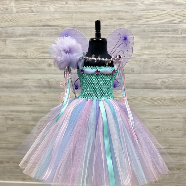 Aqua Pink Lavender Fairy Princess Costume Set - Pastel Fairy Tutu Set - Fairy Princess Birthday Dress - Fairy Wings Dress Up Tutu Halloween