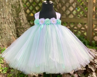 Aqua & White Princess Tulle Tutu - Floral Bodice - Toddler Fairy Birthday Dress