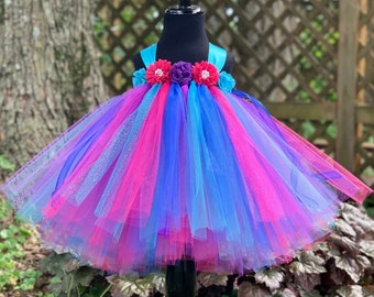 Royal Blue, Purple, Turquoise, & Fuchsia Princess Tulle Tutu - Floral Bodice - Toddler Fairy Birthday Dress