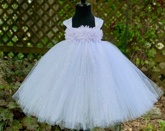 White flower girl dress, sparkle dot tulle, floral bodice, flower girl tutu, tutu dress for girls, tulle flower girl dresses, wedding tutu