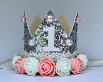 1st Birthday Crown, First Birthday Crown Girl, Birthday Party Hat, Birthday Crown Adult, Silver Crown, Flower Crown, Jewel Crown