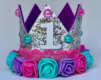 First Birthday Silver Glitter Crown - Pink Purple Turquoise Flowers - Pearl Accents