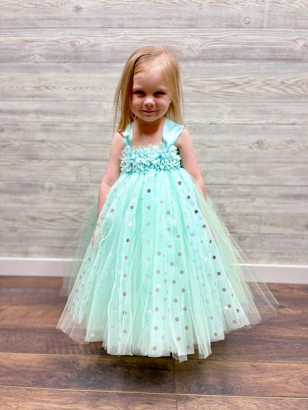 Mint Green With Silver Polka Dot Princess Tutu Dress for Girls Floral