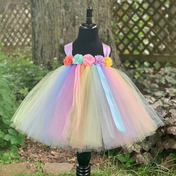 Princess Flower Girl Dress Handmade Rainbow Tulle Girls Party Tutu