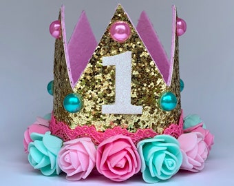 First Birthday Gold Glitter Crown - Pink Aqua Flowers - Pearl Accents