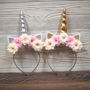 Unicorn Horn Headband - Pink & Ivory Flowers - Silver or Gold horn - Unicorn Birthday Headband - Unicorn Photo Shoot - Unicorn Cosplay