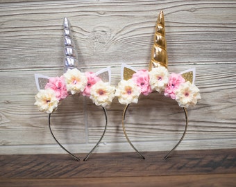 Unicorn Horn Headband - Pink & Ivory Flowers - Silver or Gold horn - Unicorn Birthday Headband - Unicorn Photo Shoot - Unicorn Cosplay