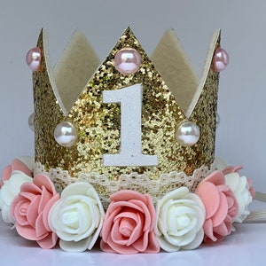 1st Birthday Crown, First Birthday Crown Girl, Birthday Party Hat, Birthday Crown Adult, Gold Crown, Flower Crown, Jewel Crown, Ivory Peach