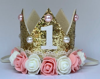 Erster Geburtstag Gold Glitter Krone - Pfirsich-Ivory Blumen - Perlenakzente