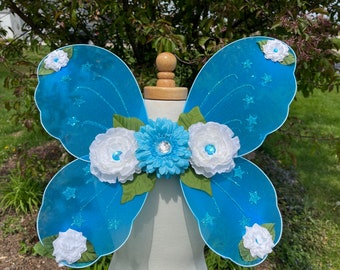 Turquoise Blue & White Flower Fairy Wings - Floral Butterfly Pixie Wings
