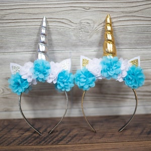 Unicorn Horn Headband - Turquoise & White flowers - Silver or Gold Horn - Unicorn Birthday - Unicorn Photo shoot - Unicorn Dress Up- Cosplay