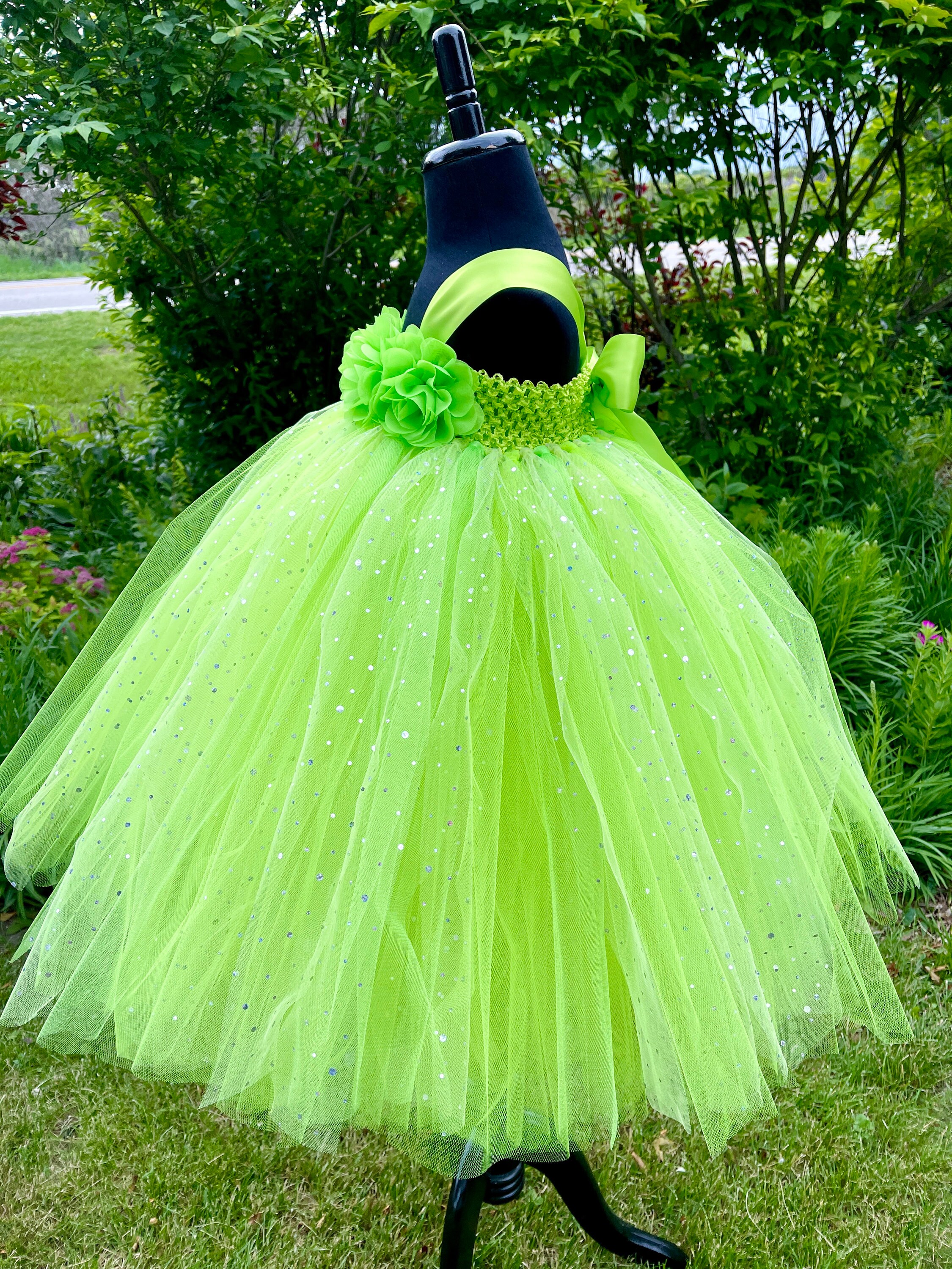 Lime Green Princess Tutu Dress - Sparkle Dot Tulle - Flower Bodice - Full 3 Layer Skirt