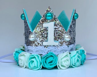 First Birthday Silver Glitter Crown - Aqua Flowers - Pearl Accents