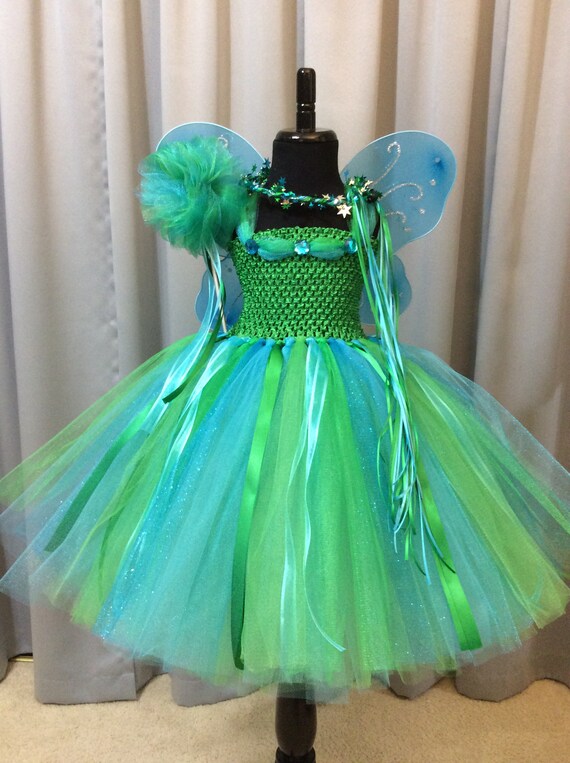 Turquoise & Green Fairy Princess Birthday Costume W/crown Wand Fairy Wings - Full 3 Layer Tulle Tutu Skirt