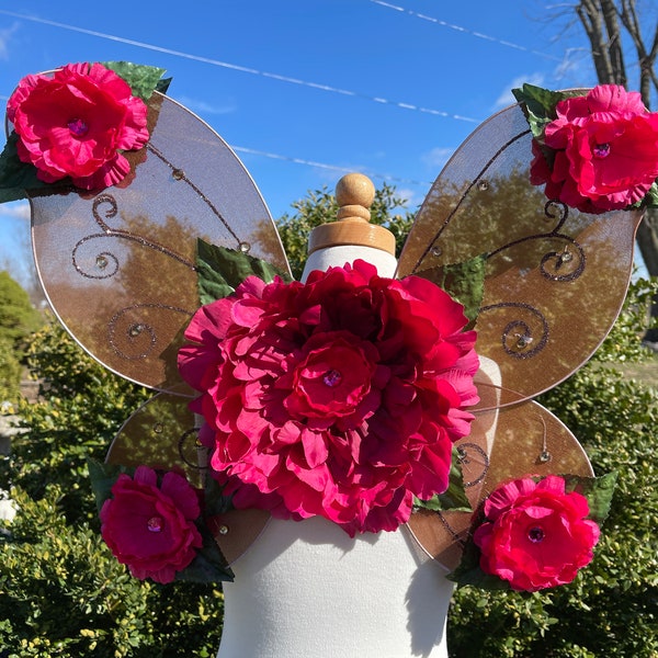 Brown & Fuchsia Pink Flower Fairy Wings - Fairy Cosplay - Woodland Fairy - Butterfly Wings - Floral Fairy Wings Kids - Flower Wings Adult