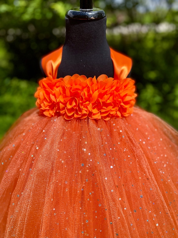 Orange Princess Tutu Dress for Girls Sparkle Dot Tulle Floral
