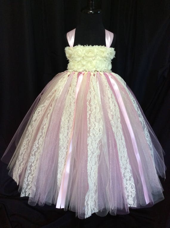 Robe de demoiselle d'honneur en dentelle rose et ivoire, robe tutu