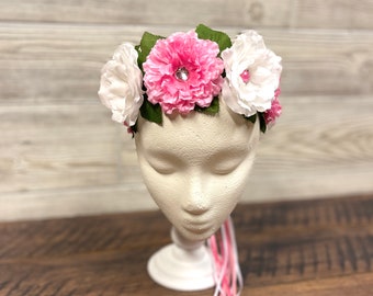 Pink and White Flower Crown - Fairy Cosplay - Woodland Fairy Flower Crown - Flower Crown For Adult or Child - Renaissance Fair Headpiece