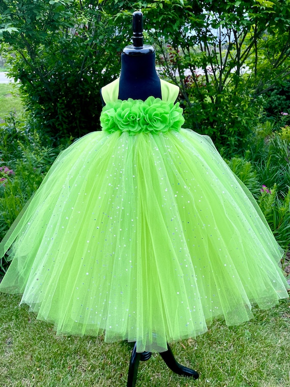 Lime Green Princess Tutu Dress - Sparkle Dot Tulle - Flower Bodice - Full 3 Layer Skirt