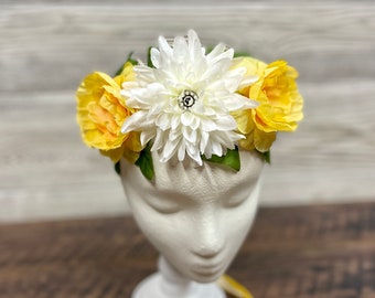 Yellow White Flower Crown - Fairy Cosplay - Woodland Fairy Flower Crown - Flower Crown For Adult or Child - Renaissance Fair Headpiece