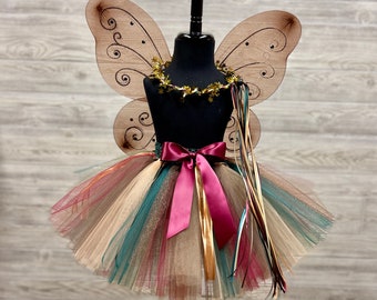 Woodland Fairy Tutu Set – Girls Tulle Skirt, Ribbon Crown, Fairy Wings
