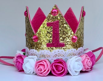 First Birthday Gold Glitter Crown - Pink and White Flowers - Jewel Accents