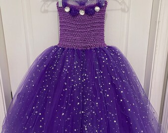 Venta de liquidación - Tamaños y cantidades limitados - Prefabricado listo para enviar - Vestido tutú de princesa de tul brillante con luna púrpura y estrellas para niñas