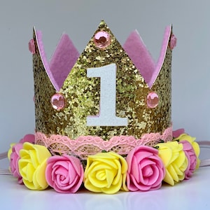 1st Birthday Crown, First Birthday Crown Girl, Birthday Party Hat, Birthday Crown Adult, Gold Crown, Flower Crown, Jewel Crown, Pink Yellow