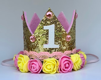 First Birthday Gold Glitter Crown - Pink and Yellow Flowers - Jewel Accents