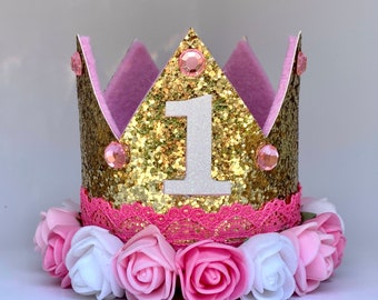 First Birthday Gold Glitter Crown - Pink and White Flowers - Jewel Accents