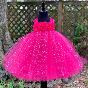 Fuchsia Princess Tutu Dress for Girls - Sparkle Dot Tulle - Floral Bodice - Princess Dress for Toddlers - Tutus for Baby - Birthday Dress Up