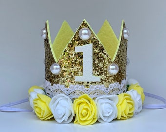 1st Birthday Crown, First Birthday Crown Girl, Birthday Party Hat, Birthday Crown Adult, Gold Crown, Flower Crown, Jewel Crown, White Yellow