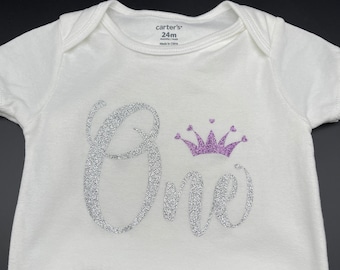 Clearance Sale - First Birthday Bodysuit - Carter's Size 24 Months - Silver "One" with Purple Crown - Pre-Made and Ready to Ship