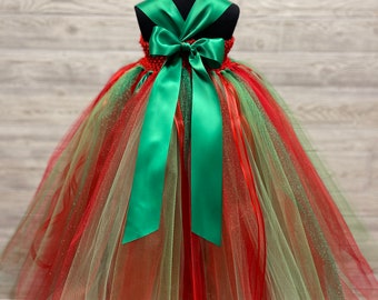 Red & Green Christmas Princess Tutu Dress - Floral Bodice - Full 3 Layer Skirt