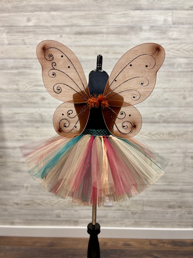 Komplet tutu „Wróżka leśna” – spódnica tiulowa dla dziewcząt, korona z wstążki, skrzydła wróżki zdjęcie 4