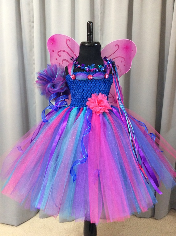 Royal Blue Turquoise Fuchsia Purple Fairy Princess Birthday Costume w/Crown Wand Fairy Wings - Full 3 Layer Tulle Tutu Skirt