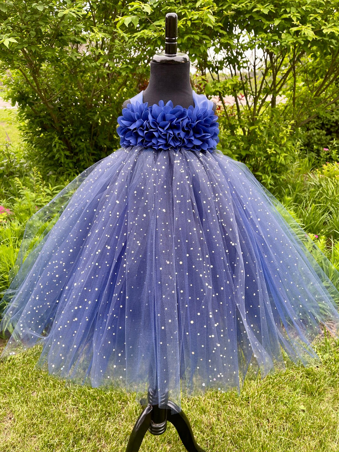 Navy Blue Princess Tutu Dress - Sparkle Dot Tulle - Flower Bodice - Full 3 Layer Skirt