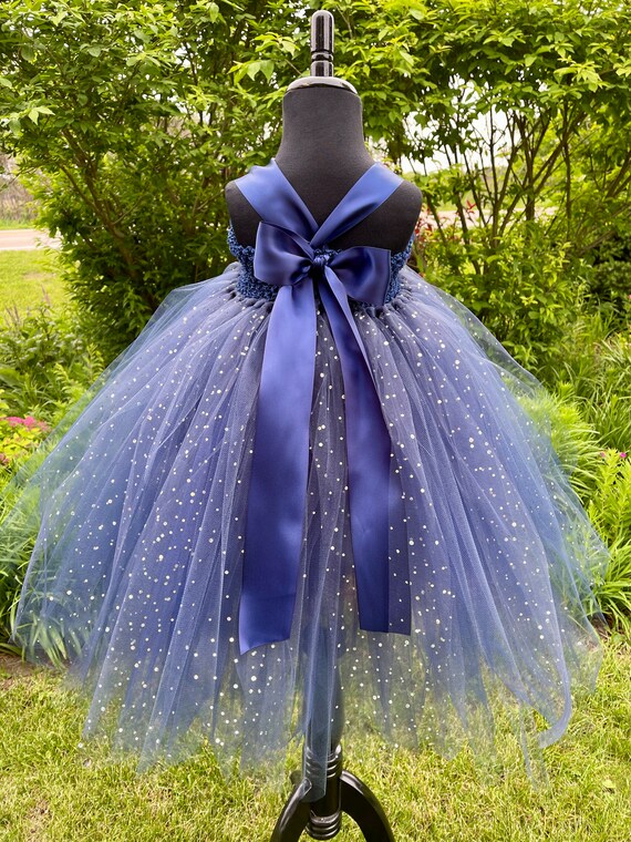 Navy Blue Flower Girl Dress - Sparkle Dot Tulle - Flower Bodice - Extra Full 4 Layer Skirt