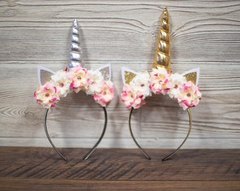 Unicorn Horn Headband - Ivory and Rose Edged Ivory Flowers - Silver or Gold Horn - Unicorn Birthday - Unicorn Photo Shoot - Unicorn Cosplay