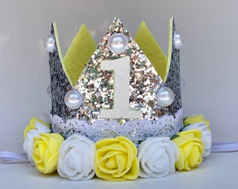 1st Birthday Crown, First Birthday Crown Girl, Birthday Party Hat, Birthday Crown Adult, Silver Crown, Flower Crown Jewel Crown White Yellow