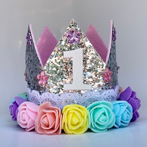 1st Birthday Crown, First Birthday Crown Girl, Birthday Party Hat, Birthday Crown Adult, Silver Crown, Flower Crown, Jewel Crown, Rainbow