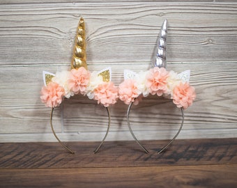 Unicorn Horn Headband - Peach and Ivory flowers - Silver or Gold Horn - Unicorn Birthday - Unicorn Photo shoot - Unicorn Dress Up - Cosplay