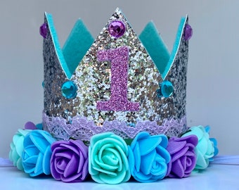 First Birthday Silver Glitter Crown - Purple Turquoise Aqua Flowers - Jewel Accents