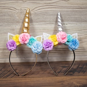 Unicorn Horn Headband - Rainbow flowers - Silver or Gold Horn - Unicorn Birthday - Unicorn Photo shoot - Unicorn Dress Up - Cosplay
