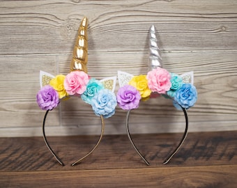 Pastel Rainbow Flower Unicorn Horn Headband – Silver or Gold Horn