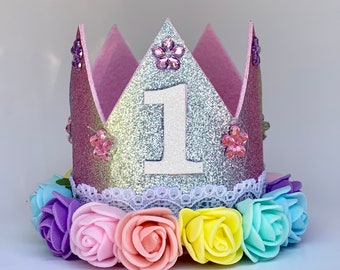 First Birthday Rainbow Glitter Crown - Rainbow Flowers - Jewel Accents