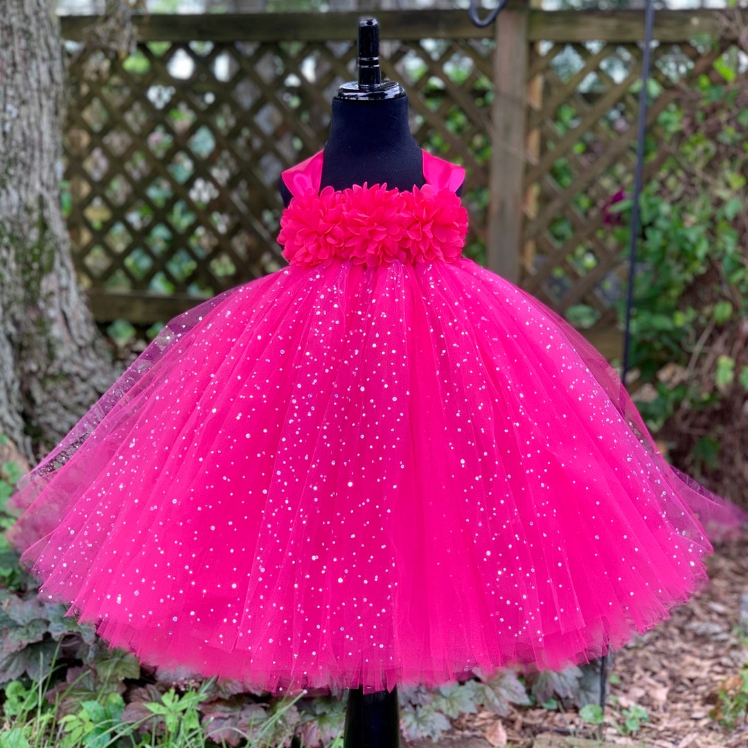 Fuchsia Flower Girl Dress, Sparkle Dot Tulle, Floral Bodice, Flower ...